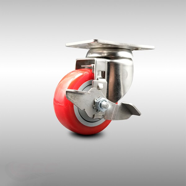 3 Inch 316SS Red Polyurethane Wheel Swivel Top Plate Caster with Brake SCC